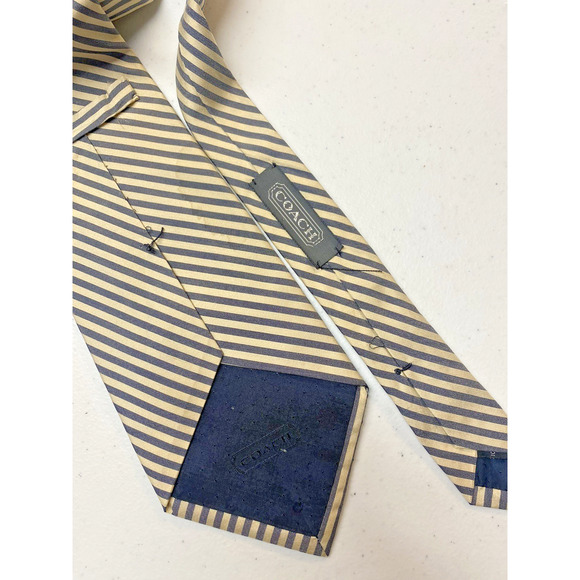 Coach Tie Necktie Mens Italian Silk Gray Cream Beige Diagonal Repp Stripe Preppy - Picture 7 of 11